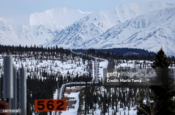 Part of the Trans Alaska Pipeline System runs through boreal forest past Alaska Range mountains on May 5, 2023 near Delta Junction, Alaska. The...