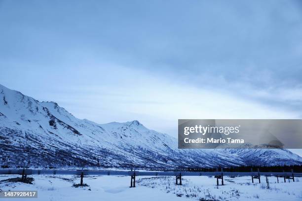 Part of the Trans Alaska Pipeline System runs past Alaska Range mountains on May 5, 2023 near Delta Junction, Alaska. The 800-mile-long pipeline...