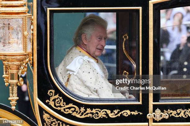 King Charles III travelling in the Diamond Jubilee Coach built in 2012 to commemorate the 60th anniversary of the reign of Queen Elizabeth II,...