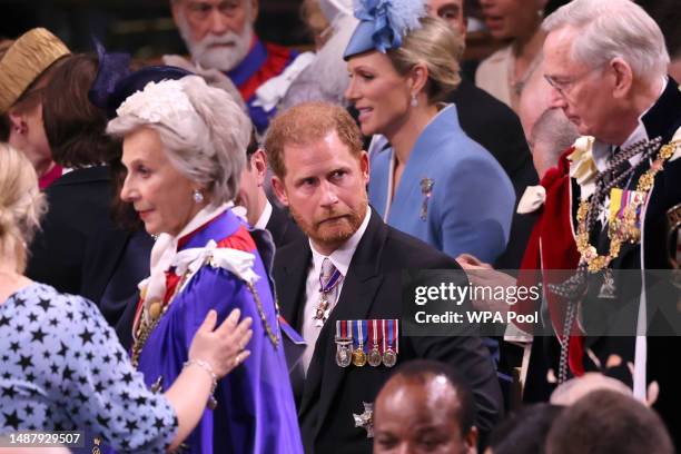 Prince Harry, Duke of Sussex attends the Coronation of King Charles III and Queen Camilla at Westminster Abbey on May 6, 2023 in London, England. The...