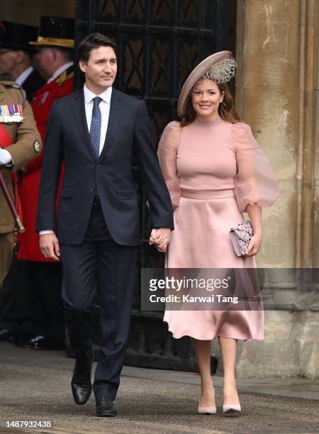 Justin Trudeau and Sophie Grégoire Trudeau arrive at Westminster Abbey for the Coronation of King Charles III and Queen Camilla on May 06, 2023 in...