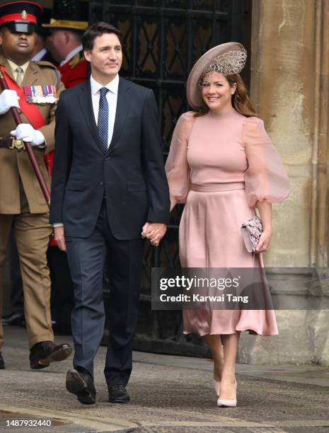 Justin Trudeau and Sophie Grégoire Trudeau arrive at Westminster Abbey for the Coronation of King Charles III and Queen Camilla on May 06, 2023 in...