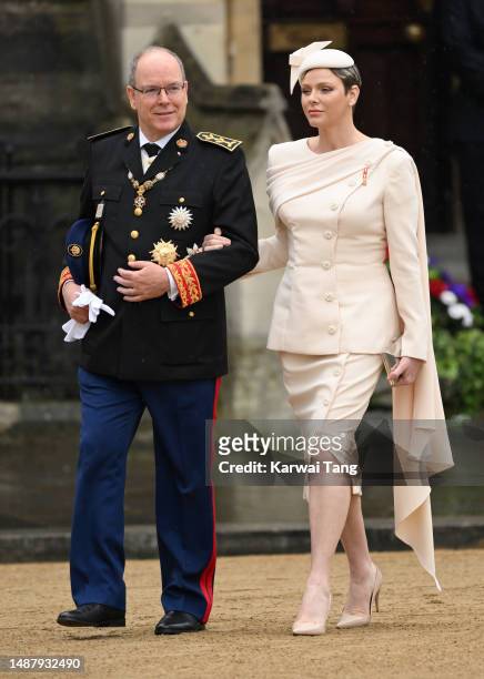 Albert II, Prince of Monaco and Charlene, Princess of Monaco arrive at Westminster Abbey for the Coronation of King Charles III and Queen Camilla on...