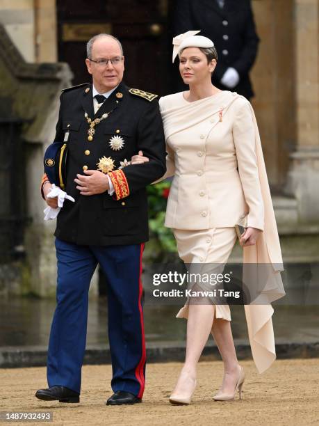 Albert II, Prince of Monaco and Charlene, Princess of Monaco arrive at Westminster Abbey for the Coronation of King Charles III and Queen Camilla on...