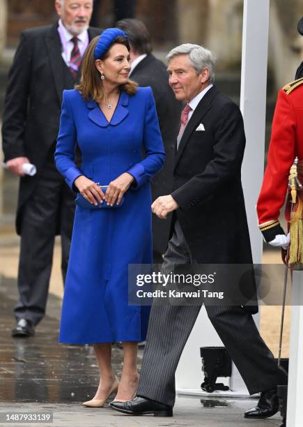 Carole Middleton and Michael Middleton arrive at Westminster Abbey for the Coronation of King Charles III and Queen Camilla on May 06, 2023 in...