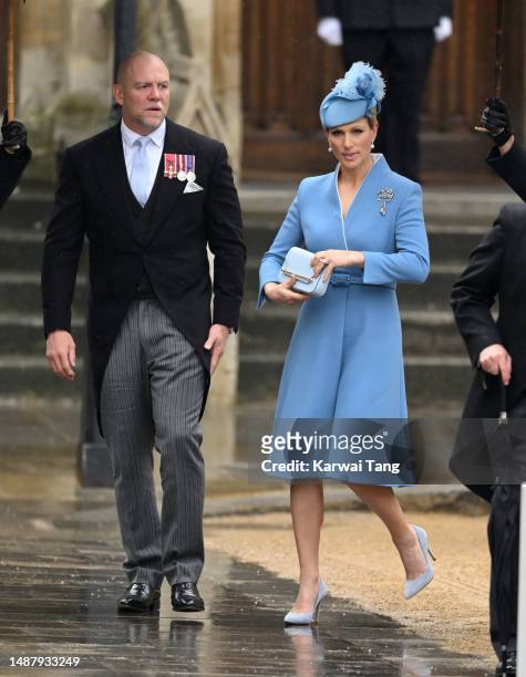 Mike Tindall and Zara Tindall arrive at Westminster Abbey for the Coronation of King Charles III and Queen Camilla on May 06, 2023 in London,...