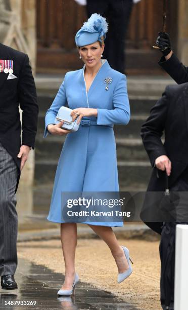 Zara Tindall arrives at Westminster Abbey for the Coronation of King Charles III and Queen Camilla on May 06, 2023 in London, England. The Coronation...