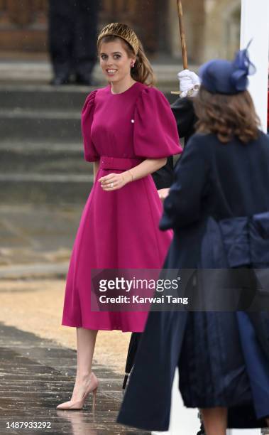 Princess Beatrice arrives at Westminster Abbey for the Coronation of King Charles III and Queen Camilla on May 06, 2023 in London, England. The...
