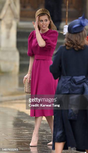 Princess Beatrice arrives at Westminster Abbey for the Coronation of King Charles III and Queen Camilla on May 06, 2023 in London, England. The...