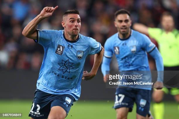 Robert Mak of Sydney FC celebrates with teammates after scoring a goal during the A-League Men's Elimination Final match between Western Sydney...