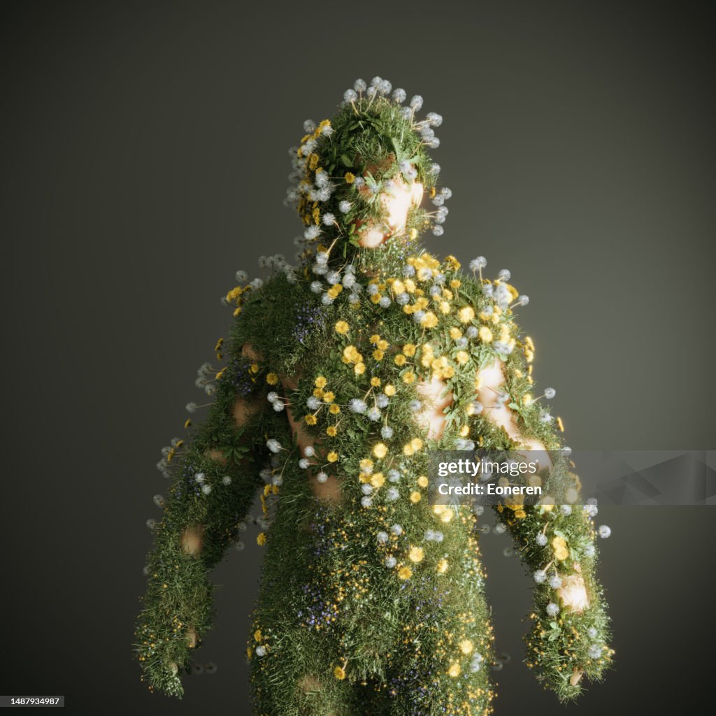 Human body made out of grass and flowers