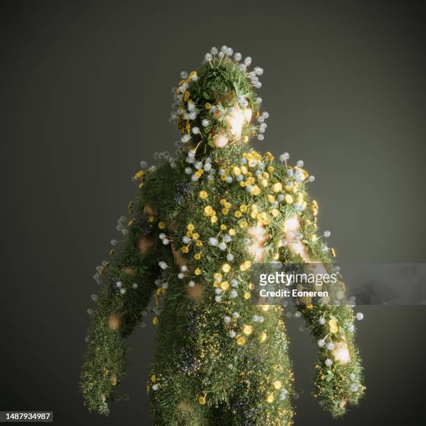 human body made out of grass and flowers - 3d character imagens e fotografias de stock