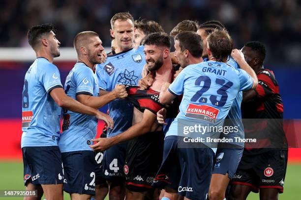 Brandon Borello of the Wanderers clashes with Alex Wilkinson of Sydney FC during the A-League Men's Elimination Final match between Western Sydney...