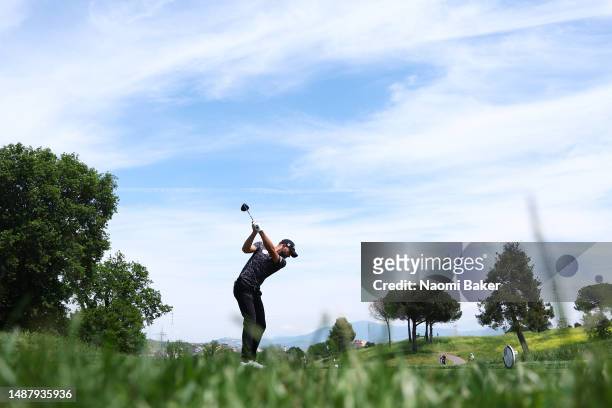 Clement Sordet of France tees off on the 3rd hole during Day Three of the DS Automobiles Italian Open at Marco Simone Golf Club on May 06, 2023 in...