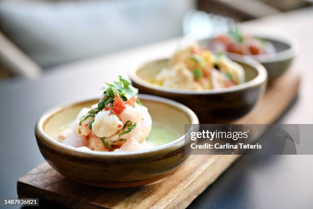 modern plated ceviche - seviche stock pictures, royalty-free photos & images