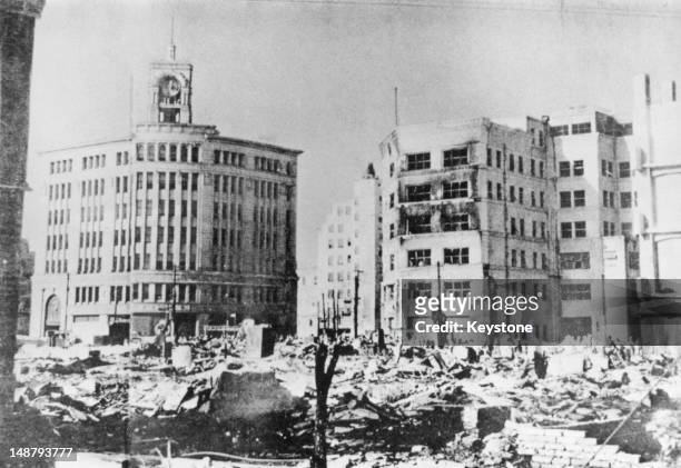 Damaged buildings in the Ginza district of Tokyo after American air-raids on the city, June 1945.