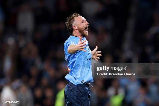 Rhyan Grant of Sydney FC celebrates at full-time during the A-League Men's Elimination Final match between Western Sydney Wanderers and Sydney FC at...