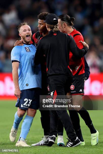 Rhyan Grant of Sydney FC celebrates in front of the Wanderers bench at full-time during the A-League Men's Elimination Final match between Western...