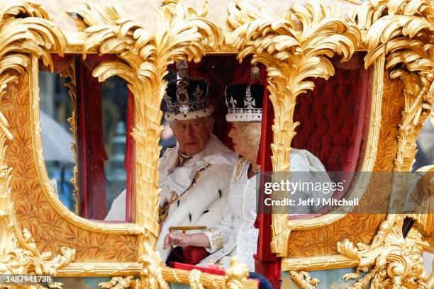 King Charles III and Queen Camilla travelling in the Gold State Coach built in 1760 and used at every Coronation since that of William IV in 1831sets...