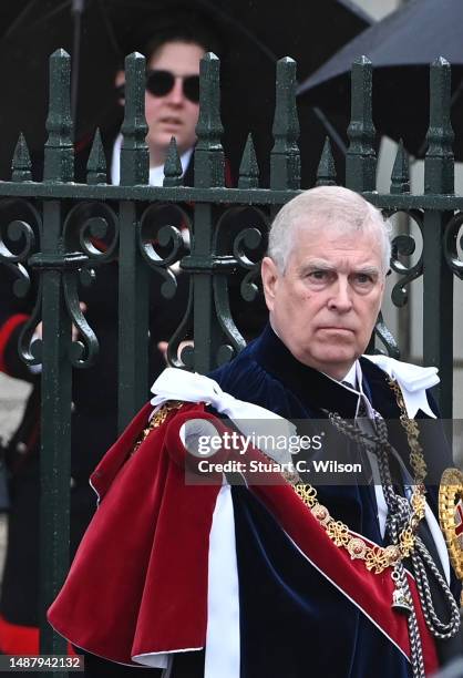 Prince Andrew, Duke of York departs the Coronation of King Charles III and Queen Camilla on May 06, 2023 in London, England. The Coronation of...