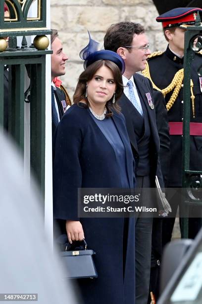 Princess Eugenie and Jack Brooksbank depart the Coronation of King Charles III and Queen Camilla on May 06, 2023 in London, England. The Coronation...