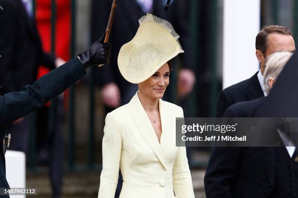Pippa Middleton departs the Coronation of King Charles III and Queen Camilla on May 06, 2023 in London, England. The Coronation of Charles III and...