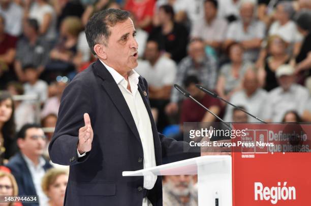 The mayor of Murcia, Jose Antonio Serrano, speaks at a pre-campaign rally, at the Prince of Asturias Pavilion, on May 6 in Murcia, Region of Murcia,...