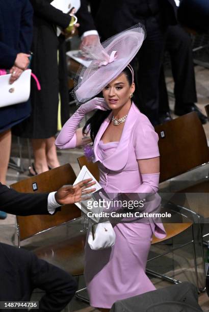 Katy Perry departs the Coronation of King Charles III and Queen Camilla on May 06, 2023 in London, England. The Coronation of Charles III and his...