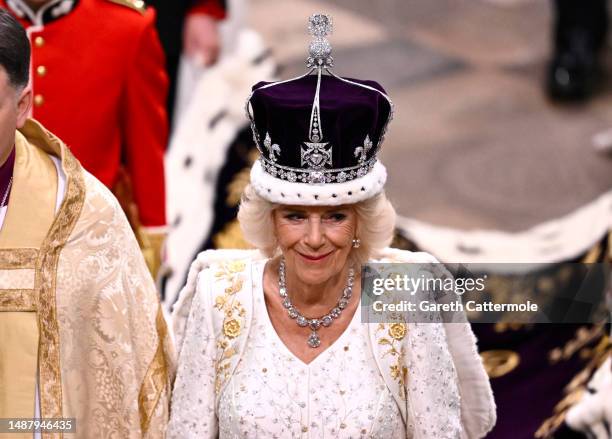 Queen Camilla departs the Coronation service of King Charles III and Queen Camilla at Westminster Abbey on May 06, 2023 in London, England. The...