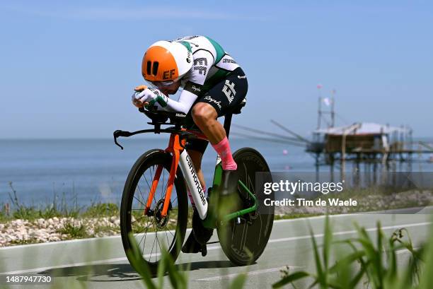 Ben Healy of Ireland and Team EF Education-EasyPost sprints next to the Trabucco Fishing platform during the 106th Giro d'Italia 2023, Stage 1 a...