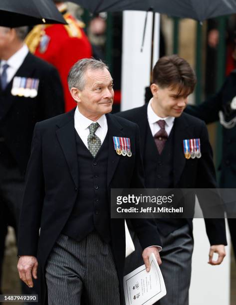 Daniel Chatto and Samuel Chatto depart the Coronation of King Charles III and Queen Camilla on May 06, 2023 in London, England. The Coronation of...