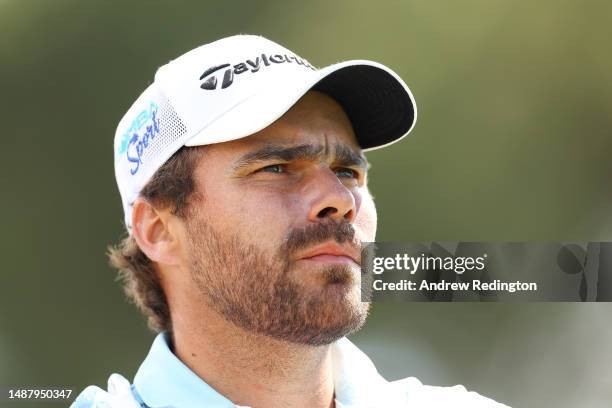 Romain Langasque of France looks on across the 14th hole during Day Three of the DS Automobiles Italian Open at Marco Simone Golf Club on May 06,...