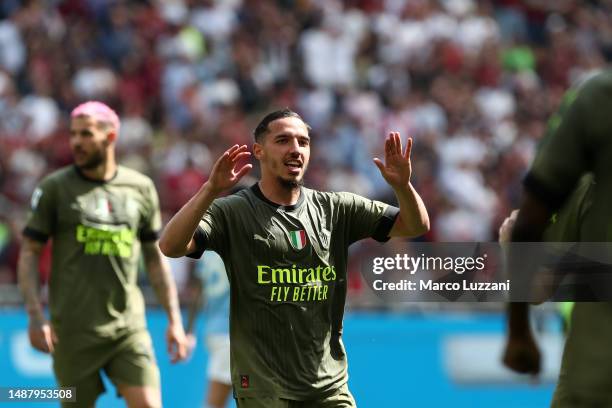 Ismael Bennacer of AC Milan celebrates after scoring their sides first goal during the Serie A match between AC MIlan and SS Lazio at Stadio Giuseppe...