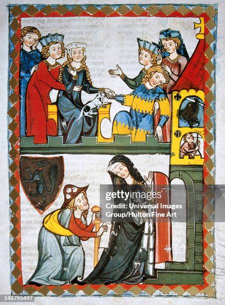 Johannes Hadlaub, Swiss poet, Below: the poet disguised as a pilgrim after a woman who is entering the church, Top: the lady consoles the poet who is...