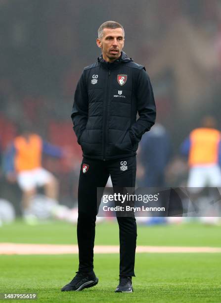 Gary O'Neil, Manager of AFC Bournemouth, looks on prior to the Premier League match between AFC Bournemouth and Chelsea FC at Vitality Stadium on May...