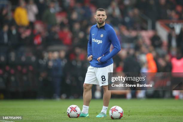 Mateo Kovacic of Chelsea warms up prior to the Premier League match between AFC Bournemouth and Chelsea FC at Vitality Stadium on May 06, 2023 in...