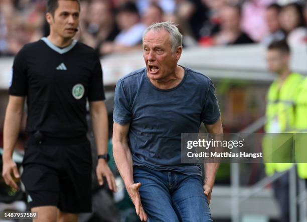 Christian Streich, Head Coach of Sport-Club Freiburg, reacts during the Bundesliga match between Sport-Club Freiburg and RB Leipzig at Europa-Park...