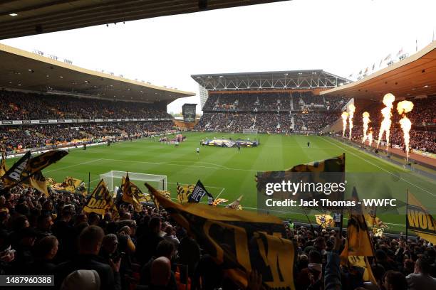 General view inside the stadium as players line up and pyrotechnics go off prior to the Premier League match between Wolverhampton Wanderers and...