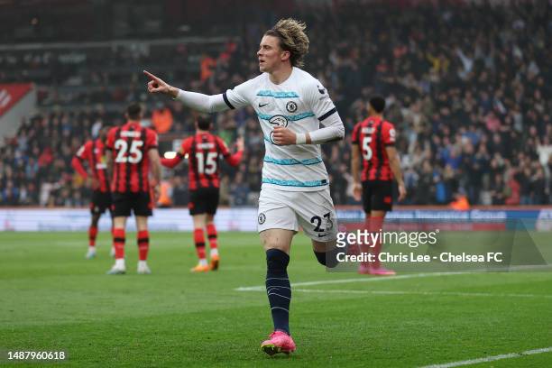 Conor Gallagher of Chelsea celebrates after scoring their sides first goal during the Premier League match between AFC Bournemouth and Chelsea FC at...