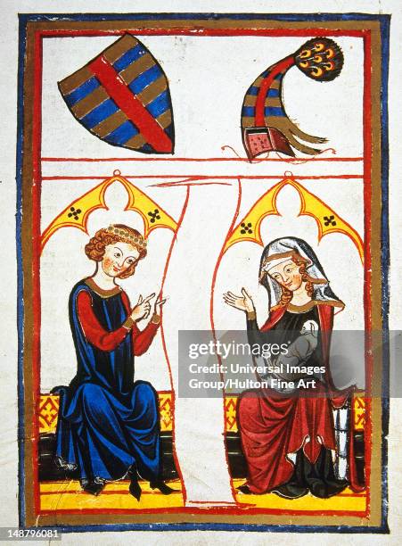 The German poet Reinman Der Alte read a line from a poem to his beloved, Codex Manesse by Rudiger Manesse and his son Johannes, Miniature, Folio 98r,...
