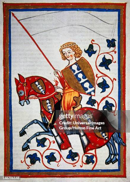 Heinrich von Rugge, poet, ministerial and cross of the Emperor Frederick Barbarossa, on horseback with shield and spear, Codex Manesse by Rudiger...