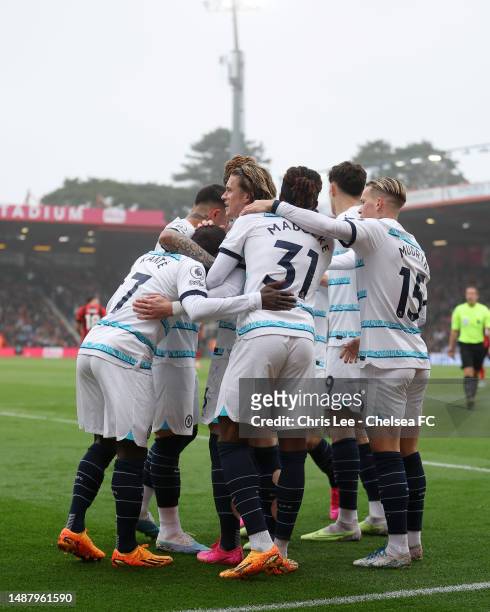 Conor Gallagher of Chelsea celebrates with team mates after scoring their sides first goal during the Premier League match between AFC Bournemouth...
