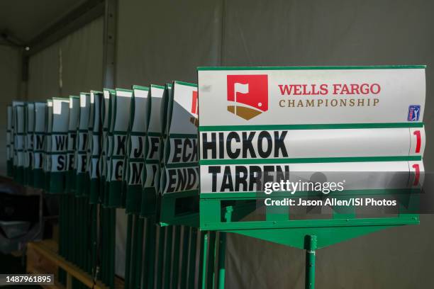 Standard Bearer signs are ready to go in the volunteer tent adjacent to hole during Round Three at the Wells Fargo Championship at Quail Hollow Club...