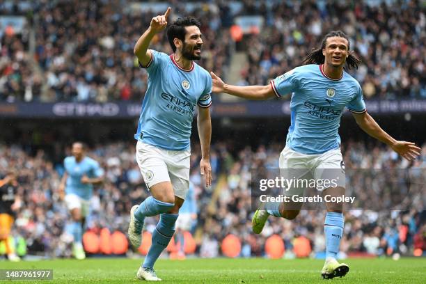 Ilkay Guendogan of Manchester City celebrates after scoring their sides first goal during the Premier League match between Manchester City and Leeds...