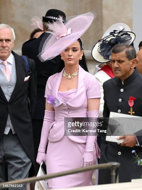 Katy Perry departs Westminster Abbey after the Coronation of King Charles III and Queen Camilla on May 06, 2023 in London, England. The Coronation of...