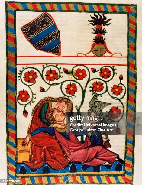 Konrad Von Altstetten, Swiss ministerial rests with his beloved after a whipped hunting, Fol, 249v, Codex Manesse by Rudiger Manesse and his son...
