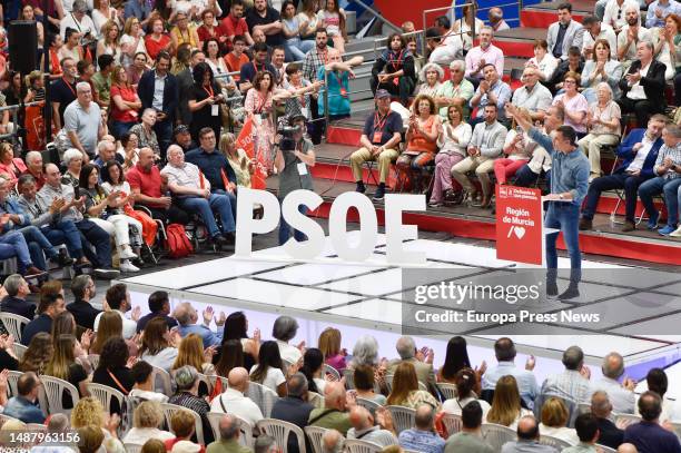 The President of the Government, Pedro Sanchez, speaks during a pre-campaign rally, at the Prince of Asturias Pavilion, on May 6 in Murcia, Region of...