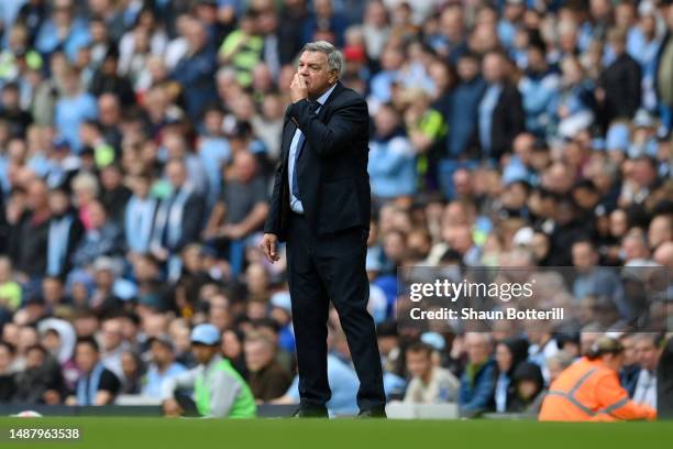 Sam Allardyce, Manager of Leeds United, reacts during the Premier League match between Manchester City and Leeds United at Etihad Stadium on May 06,...