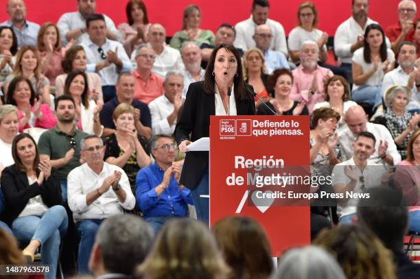 The mayor of Bullas, Lola Muñoz, during a pre-campaign rally at the Prince of Asturias Pavilion, on May 6 in Murcia, Region of Murcia, Spain. Sanchez...