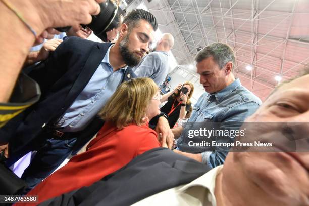 The President of the Government, Pedro Sanchez, greets the attendees during a pre-campaign rally, at the Prince of Asturias Pavilion, on May 6 in...